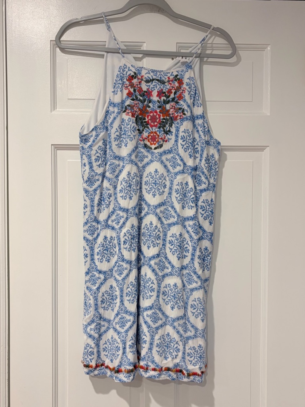 THML Embroidered Blue & White Boho Dress Tunic Tassel Tie Size XL